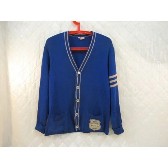 Letterman's Sweater Blue Wool Cardigan West Vancouver Band Knit BC Canada - Picture 1 of 10